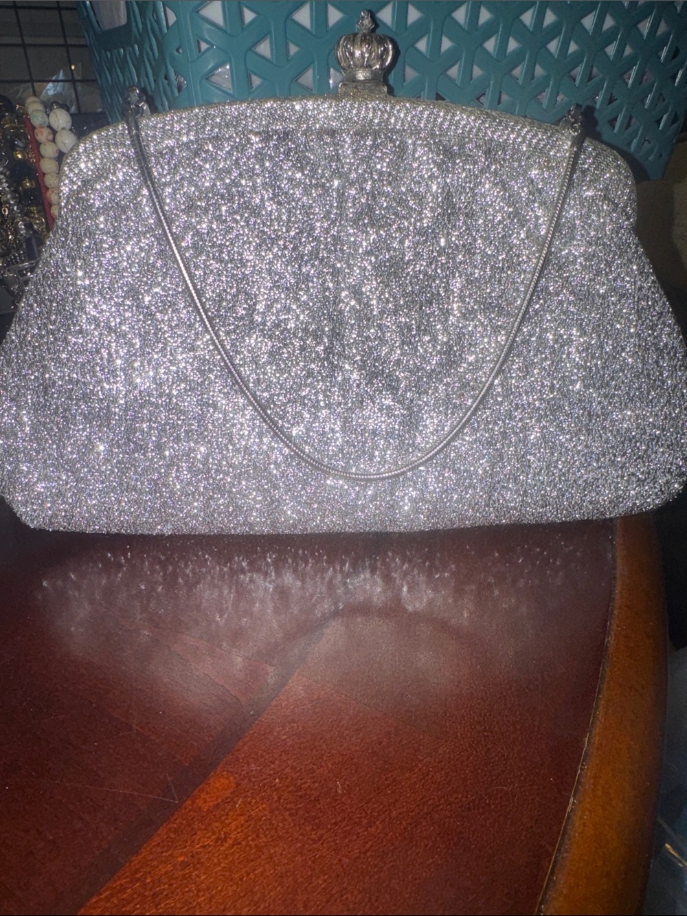Vintage Silver Glitter Evening Clutch with Chain Strap